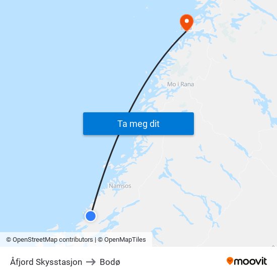 Åfjord Skysstasjon to Bodø map