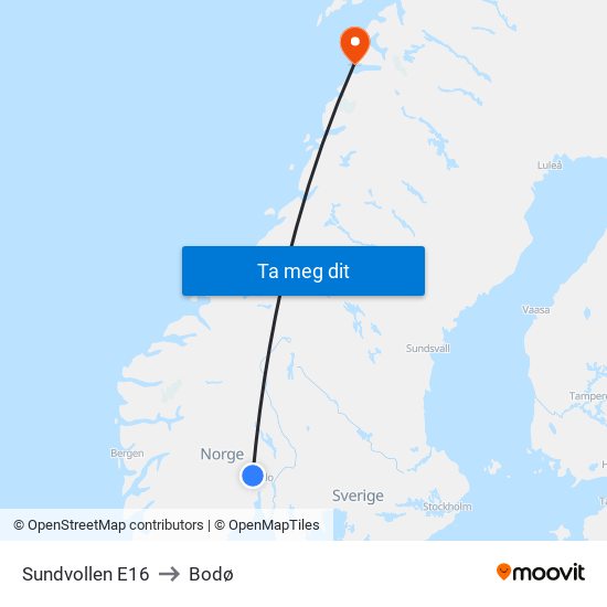 Sundvollen E16 to Bodø map