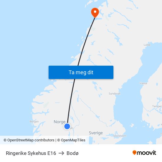 Ringerike Sykehus E16 to Bodø map