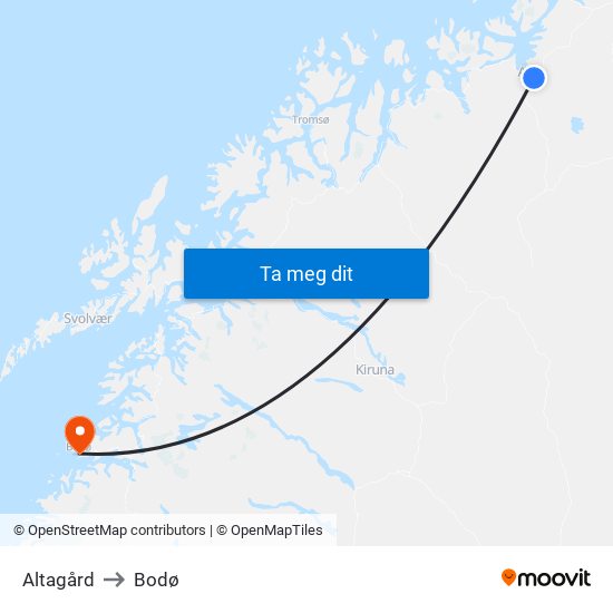 Altagård to Bodø map