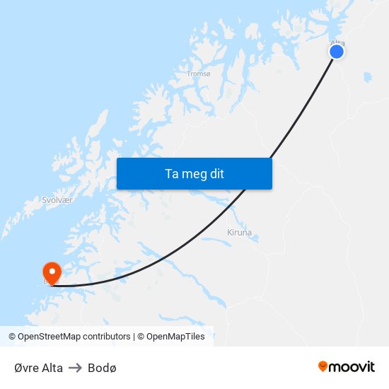 Øvre Alta to Bodø map