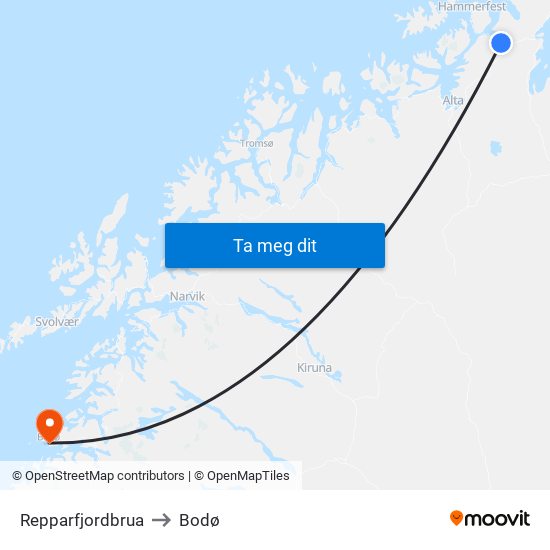 Repparfjordbrua to Bodø map