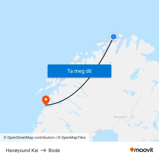 Havøysund Kai to Bodø map