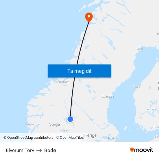 Elverum Torv to Bodø map