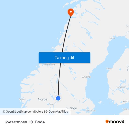 Kvesetmoen to Bodø map