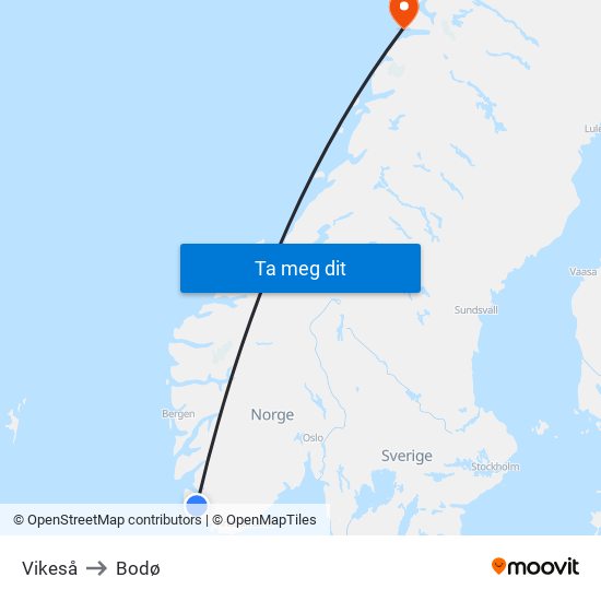 Vikeså to Bodø map