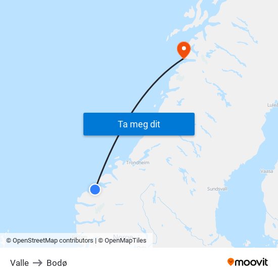 Valle to Bodø map