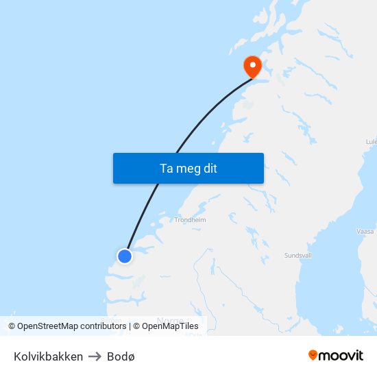 Kolvikbakken to Bodø map