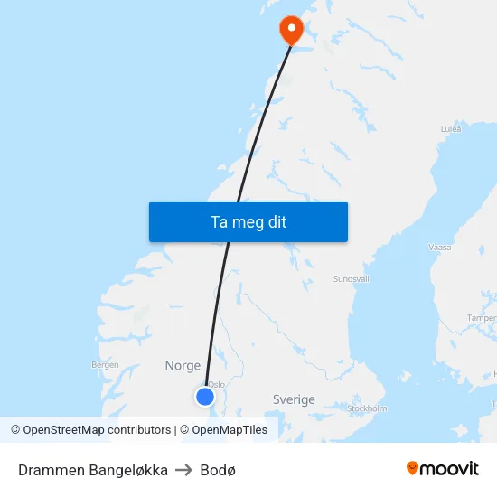Drammen Bangeløkka to Bodø map