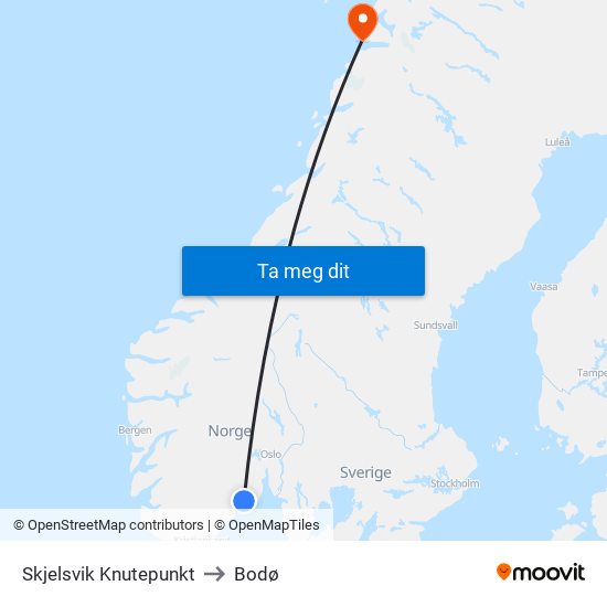 Skjelsvik Knutepunkt to Bodø map