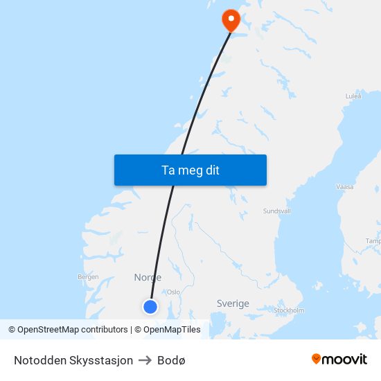 Notodden Skysstasjon to Bodø map