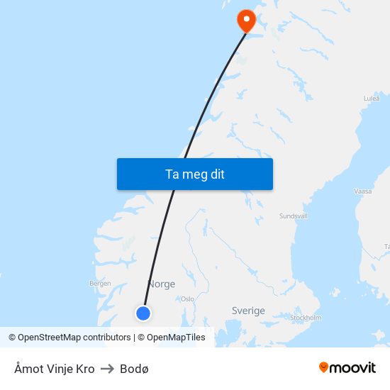 Åmot Vinje Kro to Bodø map