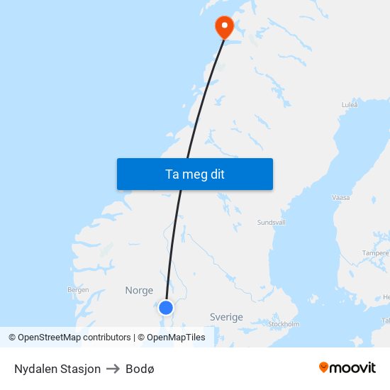 Nydalen Stasjon to Bodø map