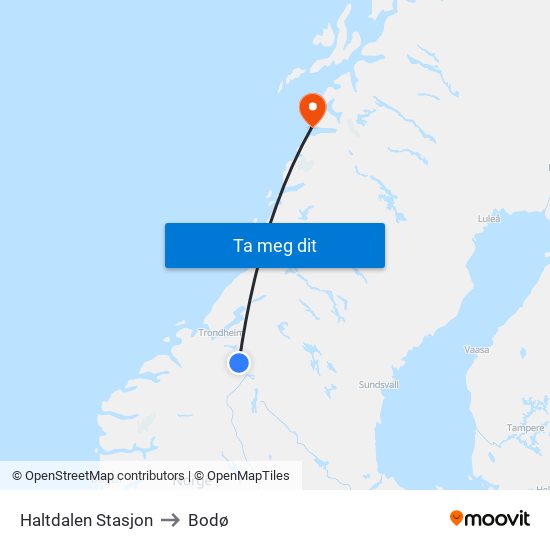 Haltdalen Stasjon to Bodø map