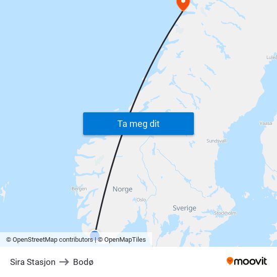 Sira Stasjon to Bodø map