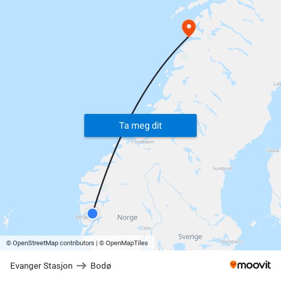 Evanger Stasjon to Bodø map