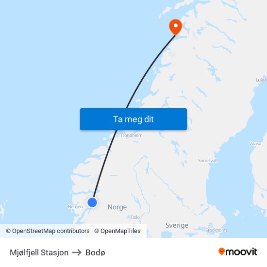 Mjølfjell Stasjon to Bodø map
