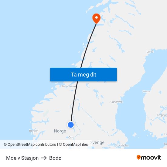 Moelv Stasjon to Bodø map