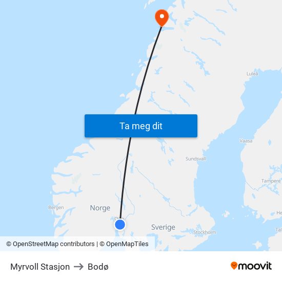 Myrvoll Stasjon to Bodø map
