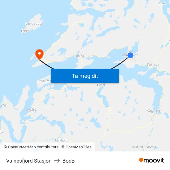 Valnesfjord Stasjon to Bodø map