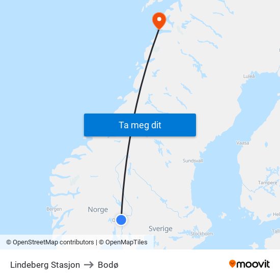 Lindeberg Stasjon to Bodø map