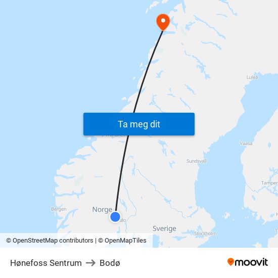 Hønefoss Sentrum to Bodø map