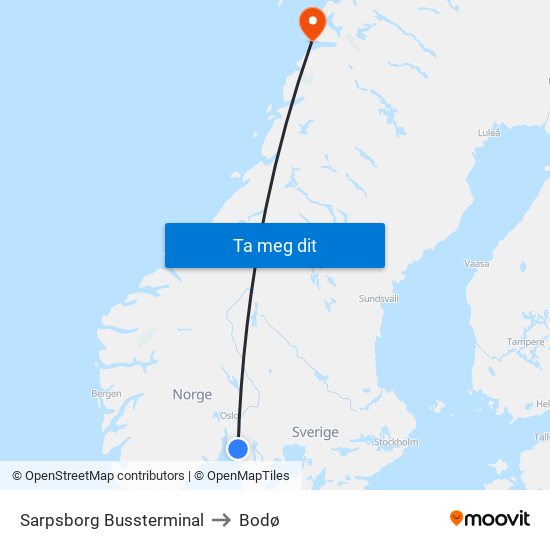 Sarpsborg Bussterminal to Bodø map