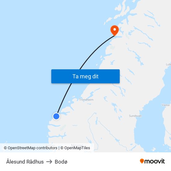 Ålesund Rådhus to Bodø map
