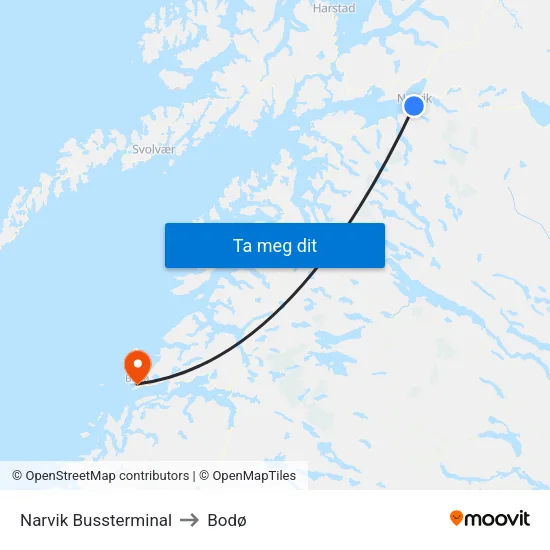 Narvik Bussterminal to Bodø map