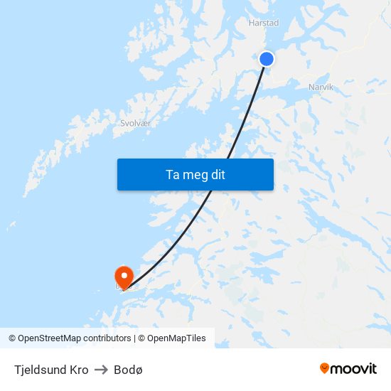 Tjeldsund Kro to Bodø map