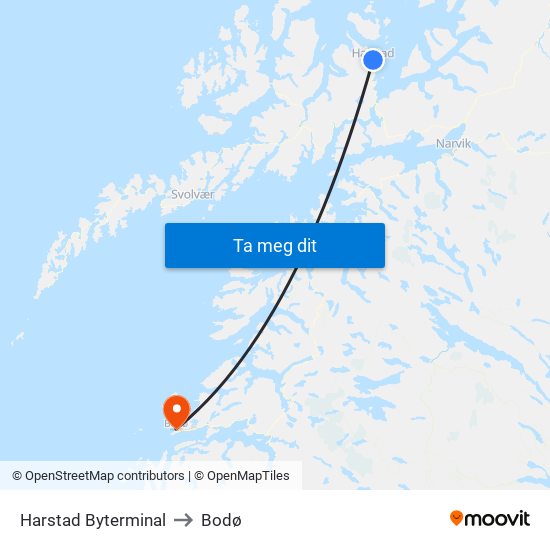 Harstad Byterminal to Bodø map
