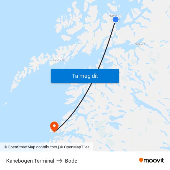 Kanebogen Terminal to Bodø map