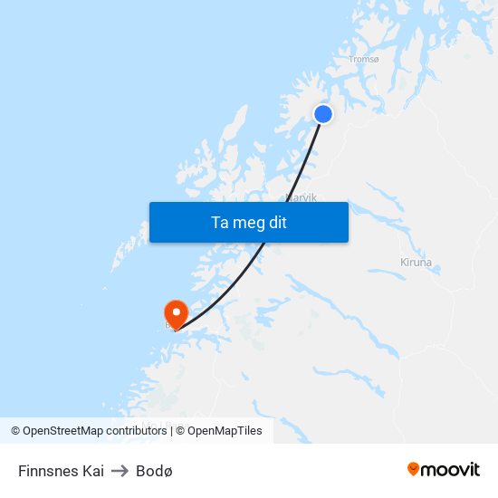 Finnsnes Kai to Bodø map