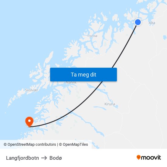 Langfjordbotn to Bodø map