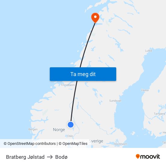 Bratberg Jølstad to Bodø map
