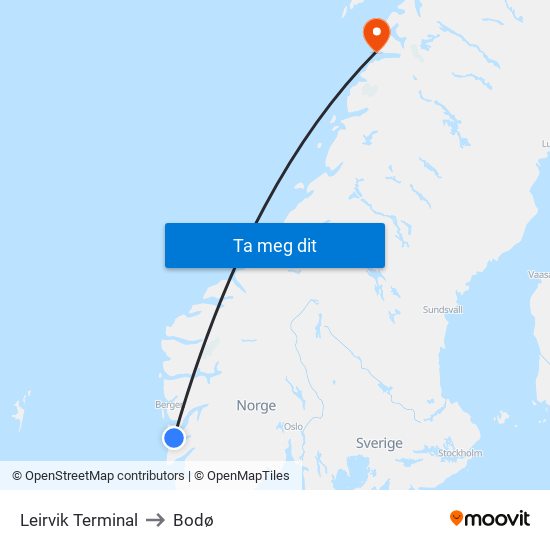 Leirvik Terminal to Bodø map