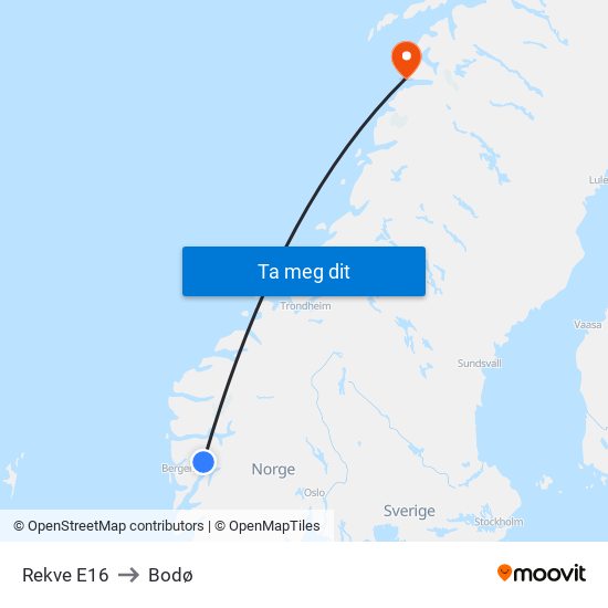 Rekve E16 to Bodø map