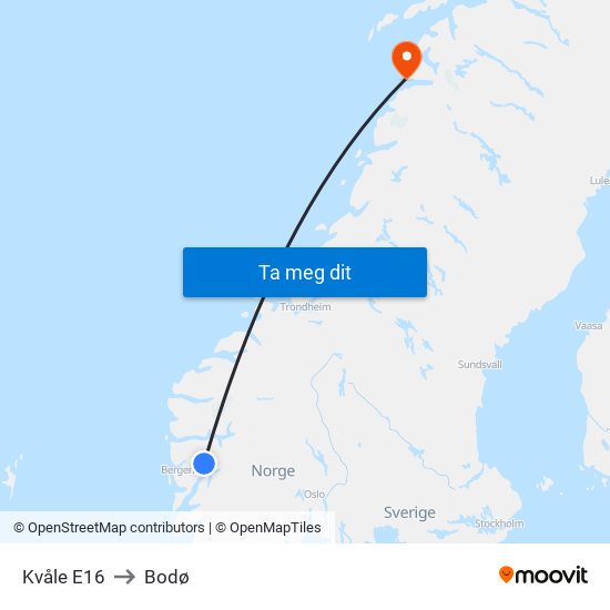 Kvåle E16 to Bodø map