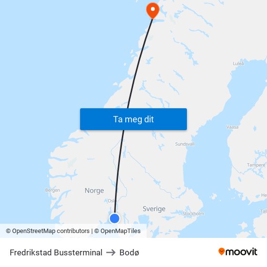 Fredrikstad Bussterminal to Bodø map