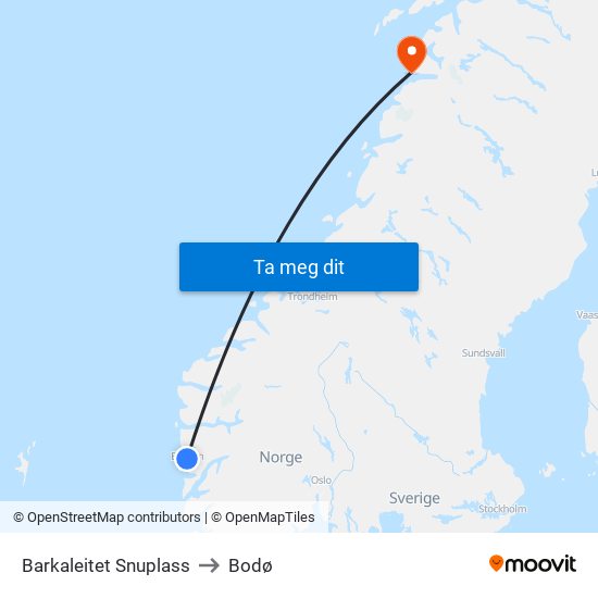 Barkaleitet Snuplass to Bodø map
