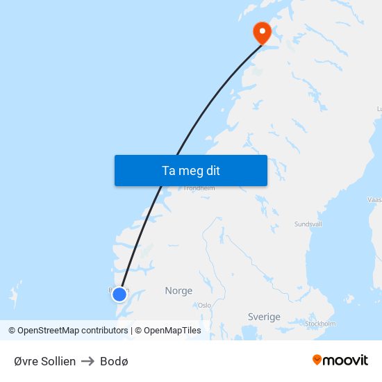 Øvre Sollien to Bodø map