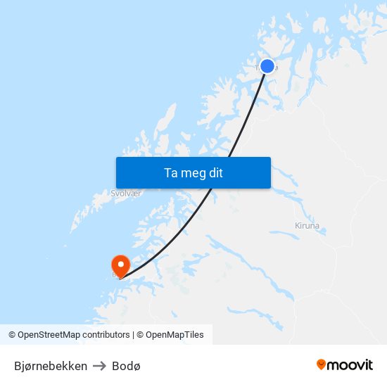 Bjørnebekken to Bodø map