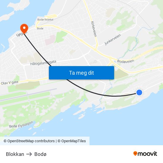 Blokkan to Bodø map