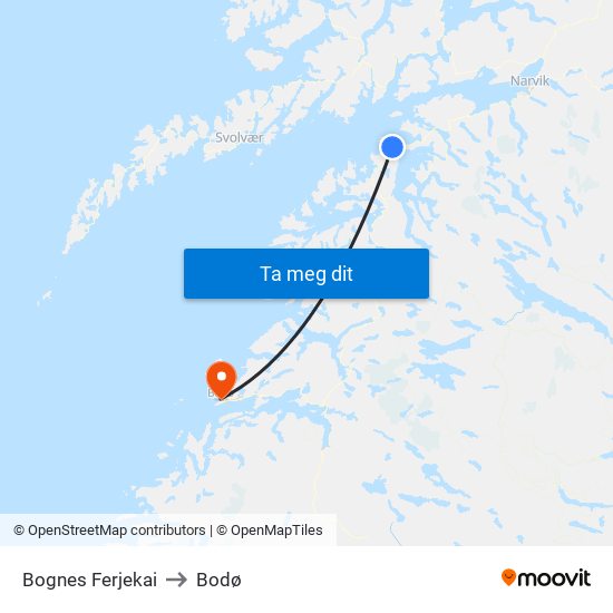 Bognes Ferjekai to Bodø map