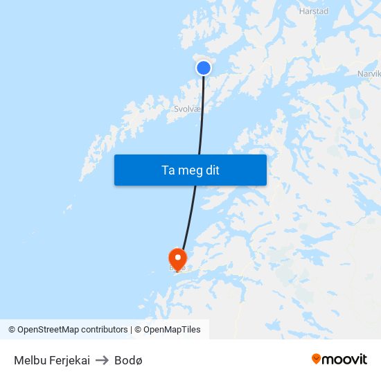 Melbu Ferjekai to Bodø map