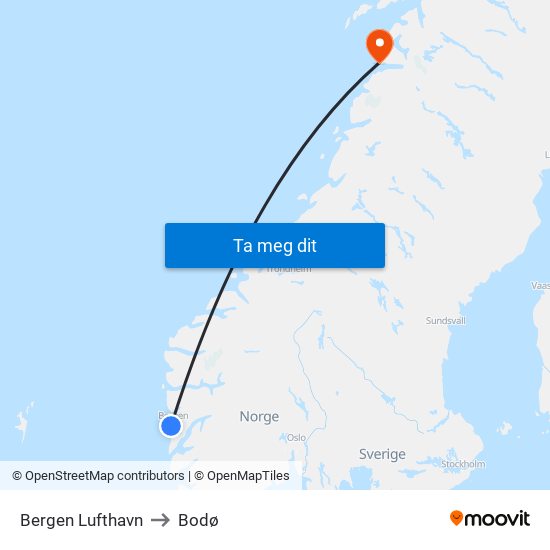 Bergen Lufthavn to Bodø map