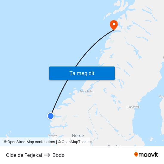Oldeide Ferjekai to Bodø map