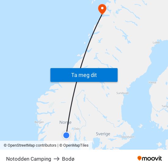 Notodden Camping to Bodø map