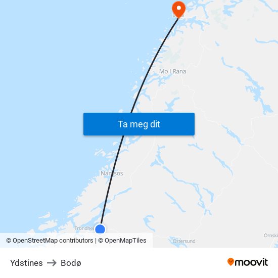 Ydstines to Bodø map