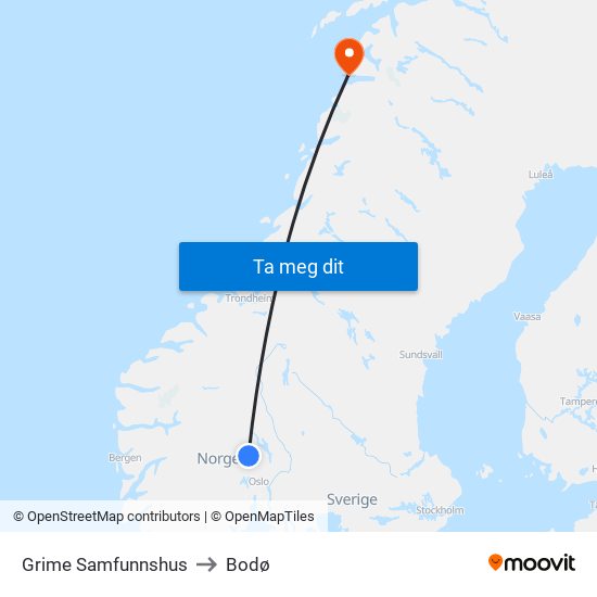 Grime Samfunnshus to Bodø map